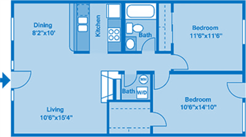 Floor plan for 2 beds, 1 bath, 814 sqft